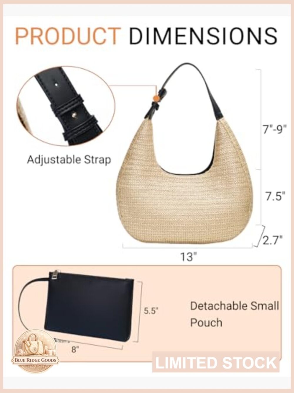 Hobo Crescent Straw Handbag Summer Beach Tote Satchel Adjustable Strap - Picture 5 of 7